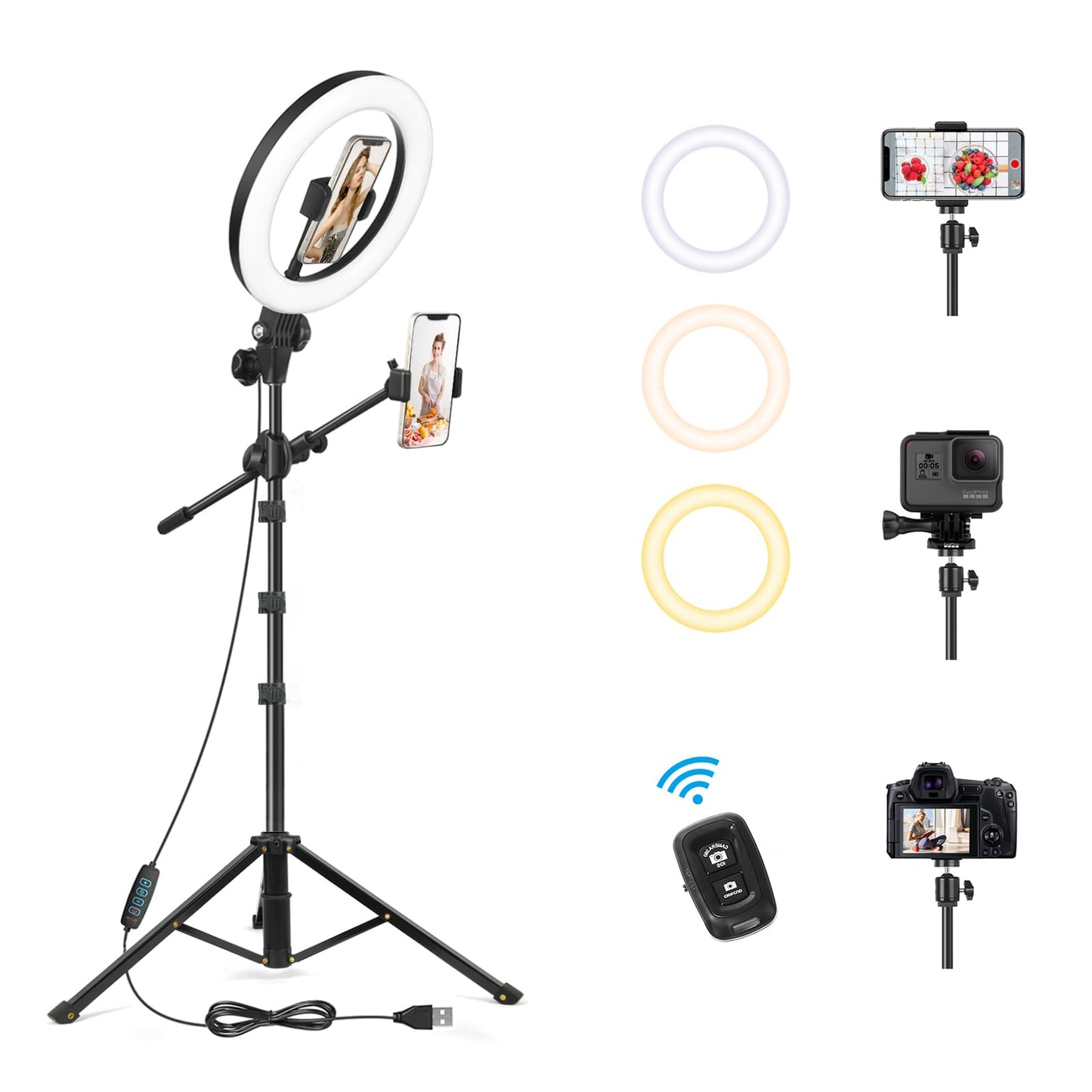 LUXSURE 10.5" Ring Light with Tripod Stand & Phone Holder, Overhead Phone Mount with 2 Shooting Positions, Tripod for iPhone with Ring Light for Video Recording/Live Streaming/Cooking