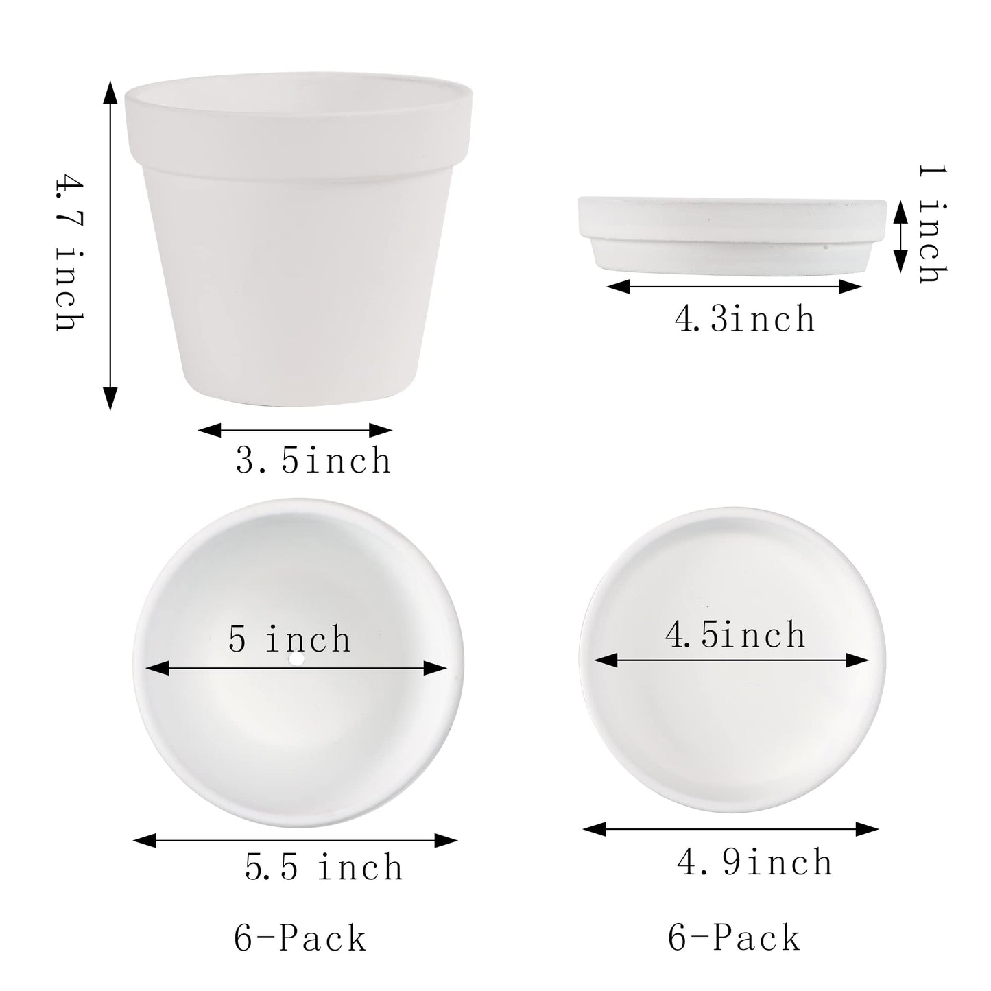 Terra Cotta Pots with Saucer- 6-Pack Large Terracotta Pot Clay Pots 5.5'' Clay Ceramic Pottery Planter Cactus Flower Pots Succulent Pot with Drainage Hole- for Plants,Crafts terra cotta planter(White)