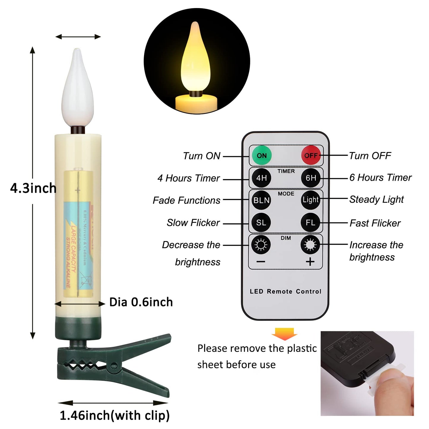 FREEPOWER Christmas Tree Taper Candles with Removable Clips Flameless Electric Fake Candles with Remote Control and Timer for Christmas and Home Decor, Pack of 20 Ivory