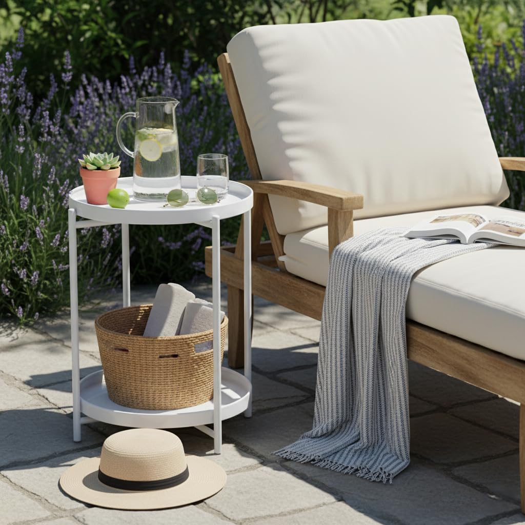 Danpinera 2 Tier Metal Side Table with Removable Tray - Round Accent Table, Anti-Rust White Nightstand for Bedroom, Balcony, Patio