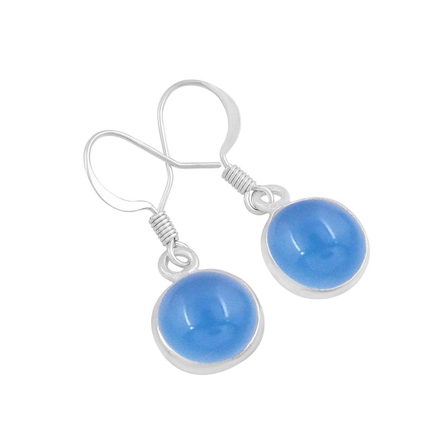 Natural Chalcedony 925 Silver Plated Dangle Earrings for Women - Round Shape Blue Color Gemstone March Birthstone Handmade Jewelry Earrings - Wedding Gift for Her