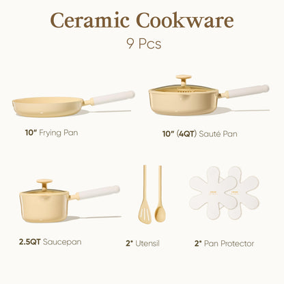 CAROTE Ceramic Cookware Set Nonstick, 9pcs Pots and Pans Set Non stick, Non-Toxic & PFAS-Free,Dishwasher, RV/Camping Cookware Set,Sauce Pan with Lid, Yellow