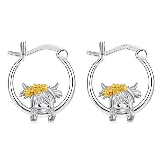 JUSTKIDSTOY Highland Cow Earrings 925 Sterling Silver 18mm Cute Cow Sunflower Huggie Hoop Earrings Jewelry Highland Cow Gifts for Women Daughter
