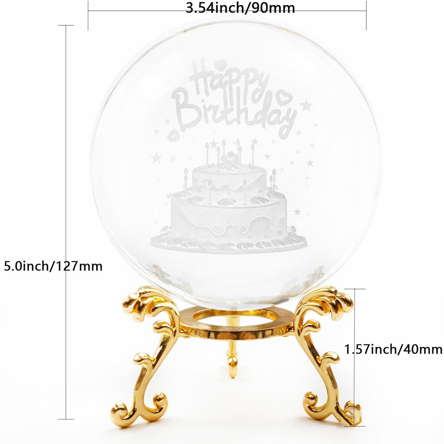 YINBEILIXU Crystal Ball with Metal Stand,3D Glass Ball Sphere, Crystal Figurine Clear Ball for Home Decoration, Party,Birthday,Anniversary,Wedding Decor, Gift,Photography (90mm, Cake)