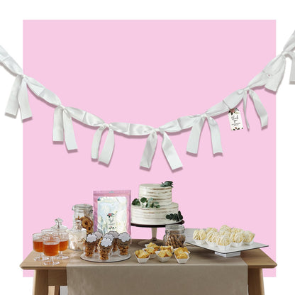 Eanjia Pre-Assembled White Bow Garland - 6ft Elegant Church Wedding Decor, Baby Shower Banner & Bridal Shower Backdrop, Thick Satin No DIY Needed! Baby Room Bed Decor (White, 6ft)