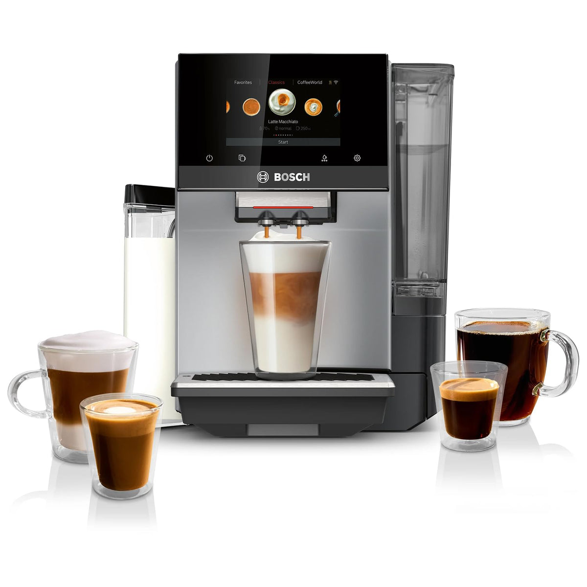 Bosch Fully Automatic Coffee and Espresso Machine - 36 Drinks, Double Cup Barista Style Super Coffee Maker - Touchscreen, Large Bean Capacity - Easy Clean, Maintenance - Silver - TQU60307