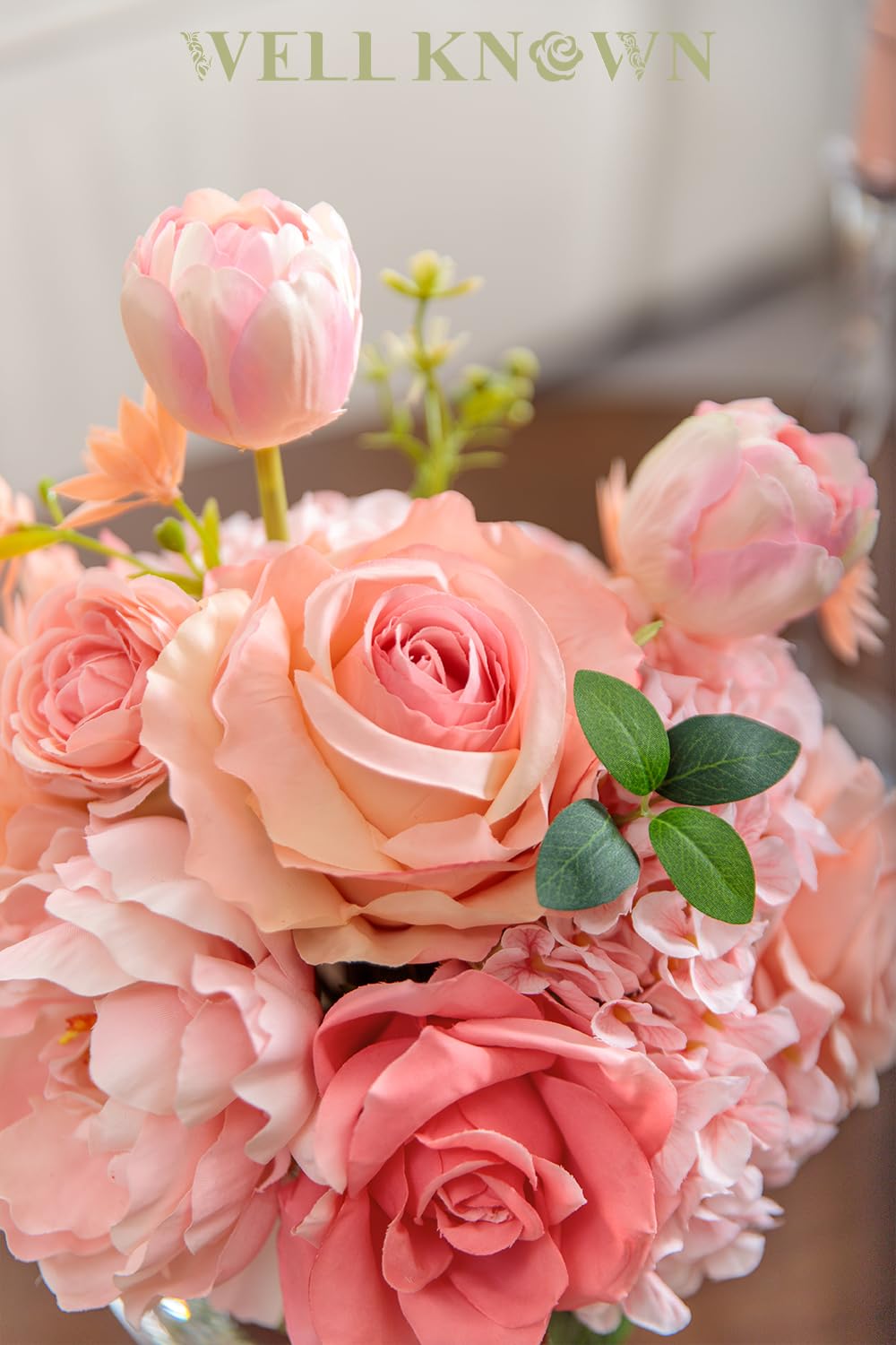 WELL KNOWN Artificial Flowers in Vase with Fake Water, Peach Pink Silk Peony Rose Tulip Spring Flower Bouquet for Home Birthday Party Wedding Dining Table Centerpieces Office Decor Mom's Gift