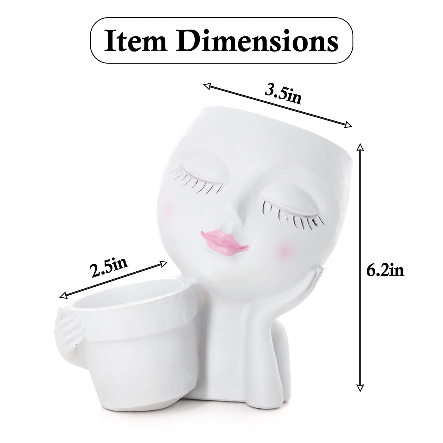 Face Planter Pot, 2-in-1 Resin Head Planter with Mini Pot, Cute Lady Flower Pots with Drainage for Indoor Outdoor Plants, Unique Succulent Cactus Planter, Ideal Gardening Gifts for Women Mom (White)