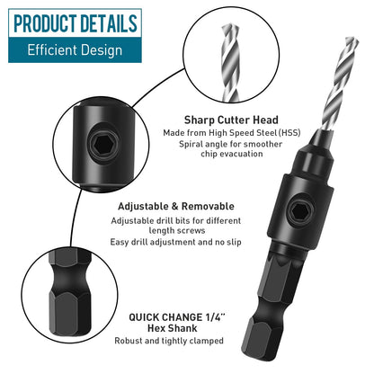 Countersink Drill Bit Set, 5Pcs Quick Change 1/4" Hex Shank Adjustable Countersink Set, 5pcs Free Replaceable Drill Bits with One Hex Wrench, Woodworking Countersink Drill Bits
