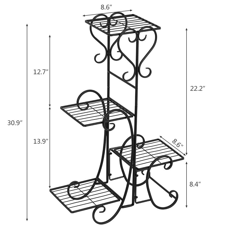 VINGLI Metal Plant Stand Flower Holder Racks Patio Stand Holder Outdoor Displaying Plants Flowers (Black- square) (30.9" H- 4 Tier)