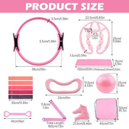 Yonderfume Pilates Essentials Kit for Women, 14 Pcs Home Workout Equipment with Pilates Circle Ball Ring Set Resistance Bands and Anti Slip Sock, Yoga Pilate Essentials Accessories(Color:Pink)