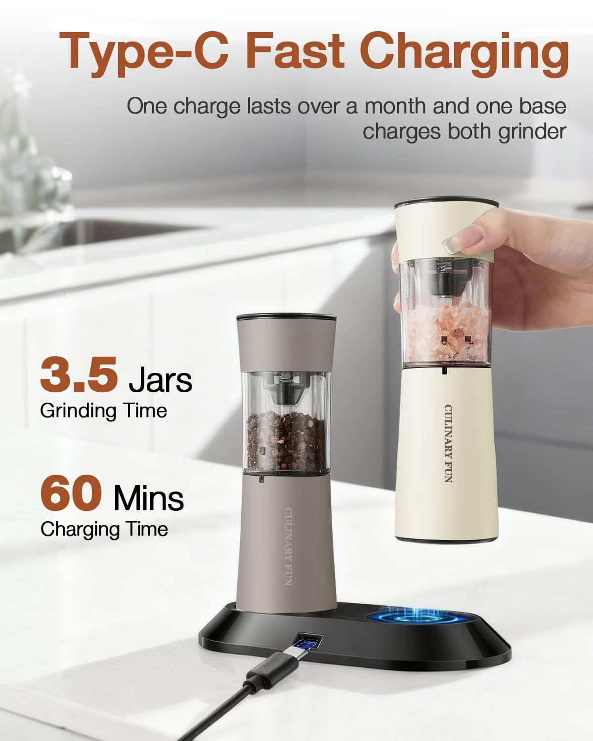 Electric Salt and Pepper Grinder Set, Stainless Steel Automatic Pepper Mill, Rechargeable with USB-C Charging Base, Gravity Activated One-Handed Operation, Dual LED Light, 2 Pack