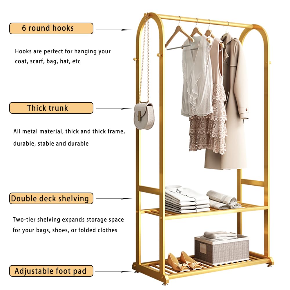 BUZUEY Gold Clothing Rack,Metal Garment Rack with Bottom Storage Shelves and 6 Side Hooks,modern Sturdy clothes racks for hanging clothes,Freestanding Wardrobe Rack for Bedroom or Boutique (L:39.4IN)