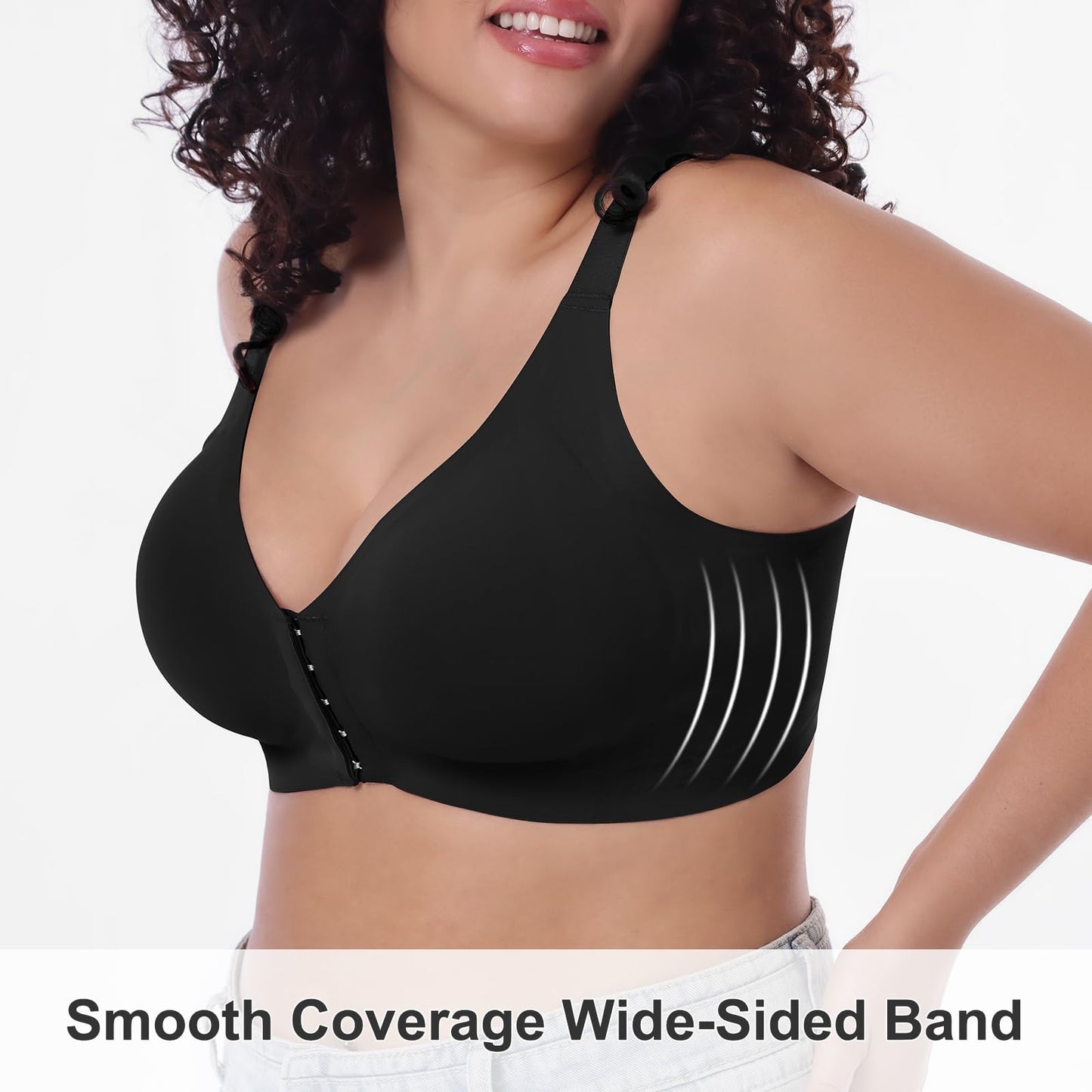 Starmiss Seamless Front Closure Bra for Women Posture Back Smoothing Wireless Brasieres, Black, L