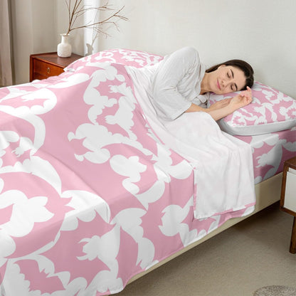 Castle Fairy Halloween Themed Bed Sheet Set for Boys Girls,Pink Bats Wild Animal Print Bed Sheet Set Full Size Bedding Set,Pink White Color Fitted Sheet and 1 Flat, 2 Pillow Sham
