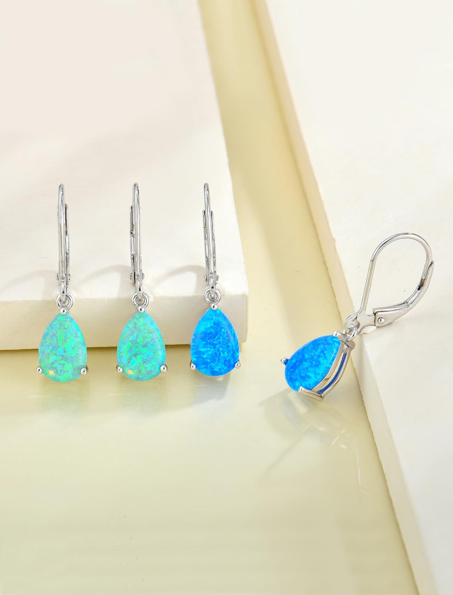 YL 925 Sterling Silver Teardrop Dangle Drop Earrings for Women 7x10 MM Solitaire Green Created Opal Leverback Jewelry