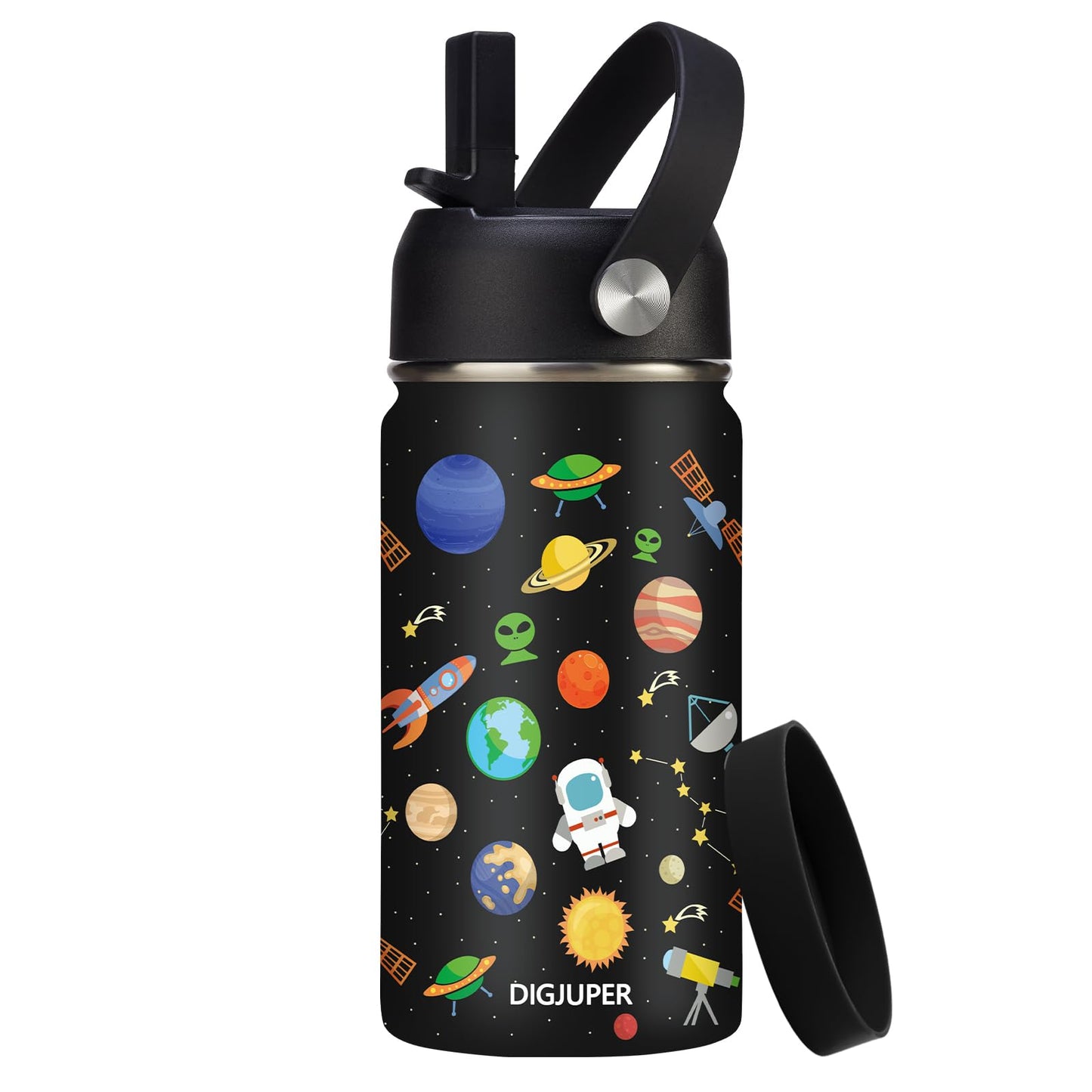 12 oz Kids Insulated Water-Bottle w/Straw - Cold-24h Hot-12h, Toddler Water Bottle Spill-proof & BPA-free, Stainless Steel Water Bottles Kids, Space Insulated Cup for School Camping Boys Girls Gift