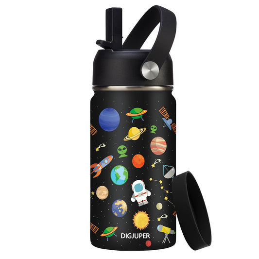 12 oz Kids Insulated Water-Bottle w/Straw - Cold-24h Hot-12h, Toddler Water Bottle Spill-proof & BPA-free, Stainless Steel Water Bottles Kids, Space Insulated Cup for School Camping Boys Girls Gift