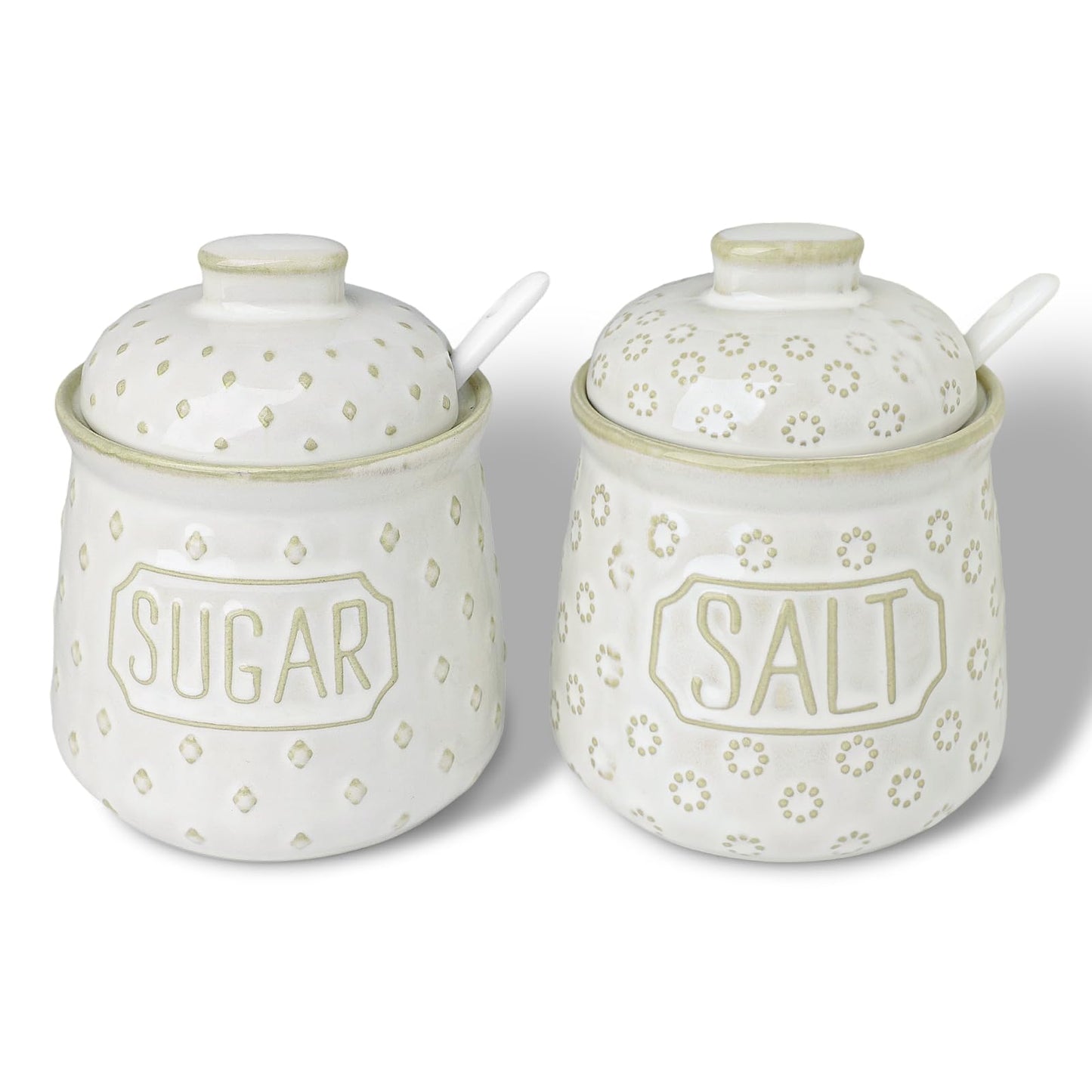 GDCZ 10 Oz Ceramic Salt and Sugar Bowls Set with Lid and Spoons, Seasoning Container, Dishwasher Safe, Set of 2 (White)