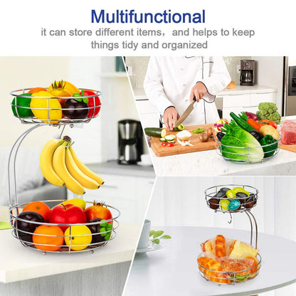 Auledio Iron 2-Tier Countertop Fruit Vegetables Basket Bowl Storage With Banana Hanger, Black, 64 ounces