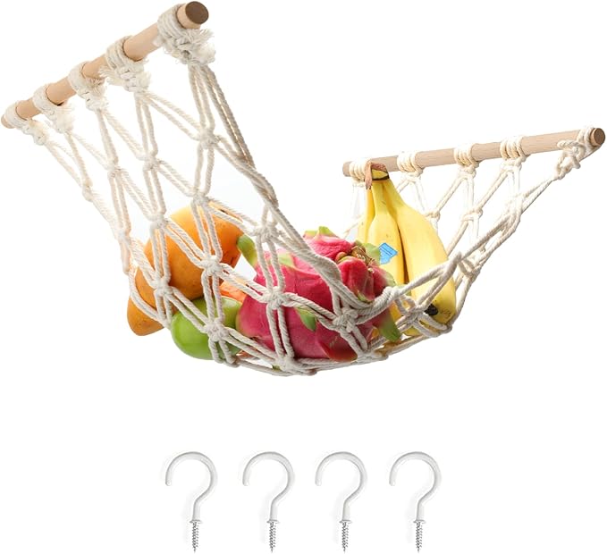 Hanging Fruit Hammock with Hooks, Hanging Fruit Basket Under the Kitchen Cabinet