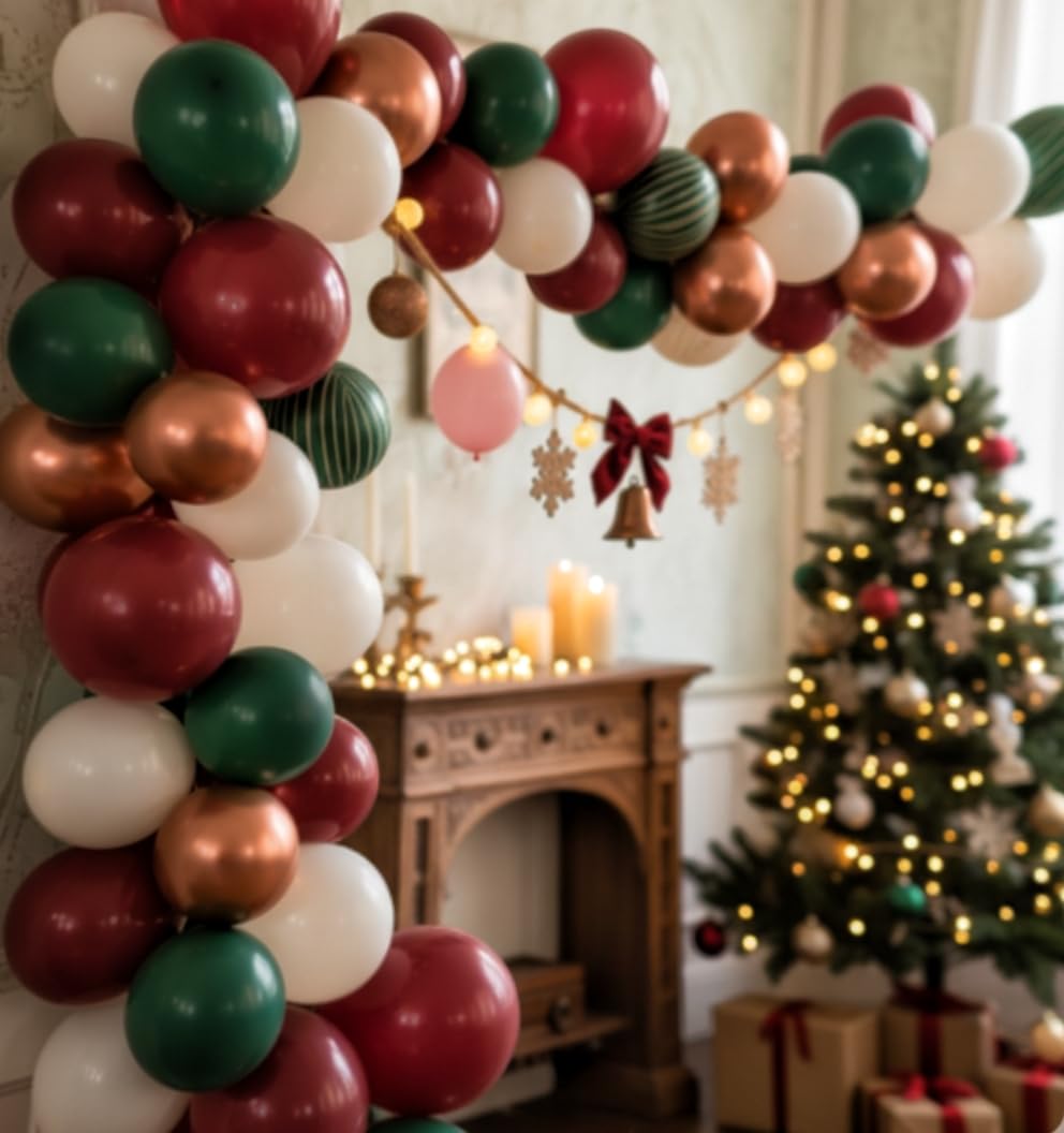 Retro Christmas Decorations Balloon Arch, Ruby Red Green White Balloon Garland with Bell Deer Print Metallic Bronze Gold Balloons Deer Foil Mylar Balloons for Xmas New Year Winter Festive Party Decor