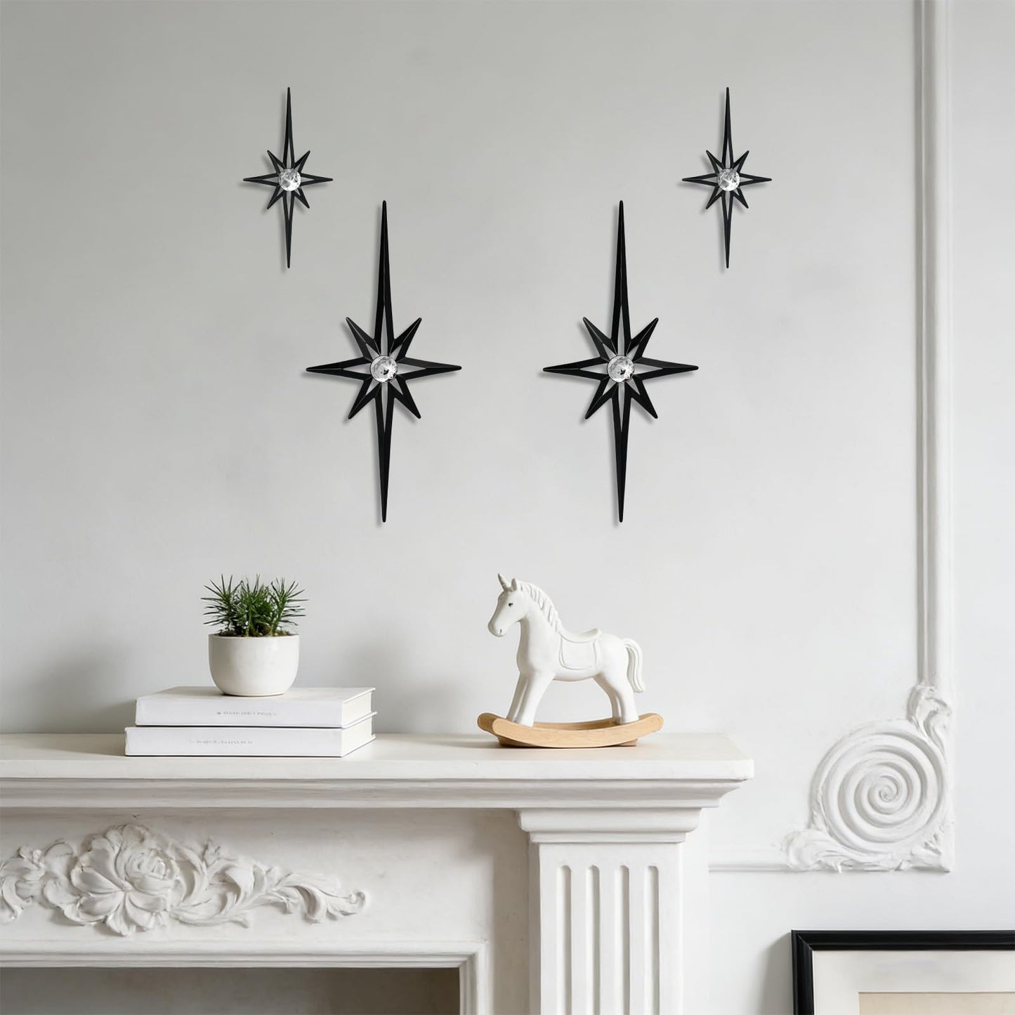 sxnzequnze 4 Pcs Star Wall Art for Home Decor Living Room Bedroom Office Metal 3D,Bling,with Hanging Hook Starburst Midcentury Sculpture Retro Gallery Accent Celestial -Black 16.5in/9.4in