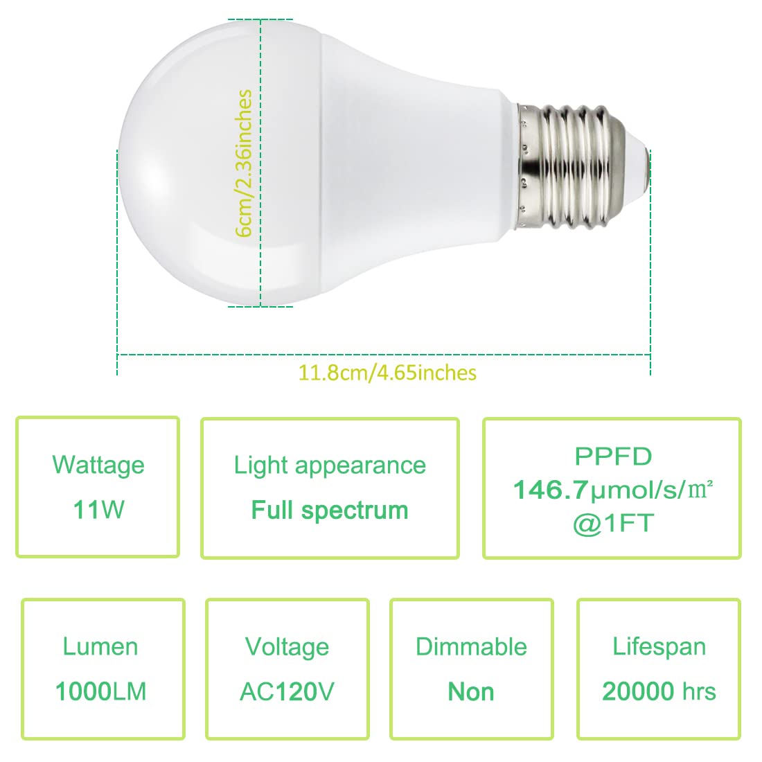 Grow Light Bulbs for Indoor Plants, Full Spectrum Grow Light Bulb, 11W LED Growing Plant Light Bulb for Seed Starting, Hydroponics, Vegetable, Flowers, Greenhouse, 100W Equivalent, A19, E26, Pack of 6