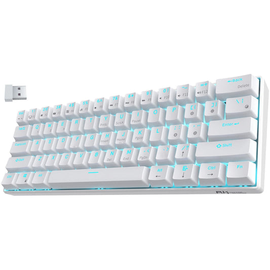 RK ROYAL KLUDGE RK61 Wireless 60% Triple Mode BT5.0/2.4G/USB-C Wired Mechanical Gaming Keyboard, Compact 61 Keys Bluetooth Mechanical Keyboard with Software (Hot Swappable Blue Switch, White)
