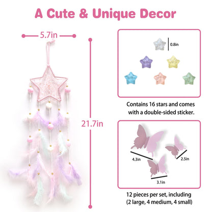 Fun-Plus Pink Dream Catcher Wall Hanging Set - 10 Butterflies & 16 Stars, Boho Room Decor for Girls, Easy Peel & Stick Wall Art