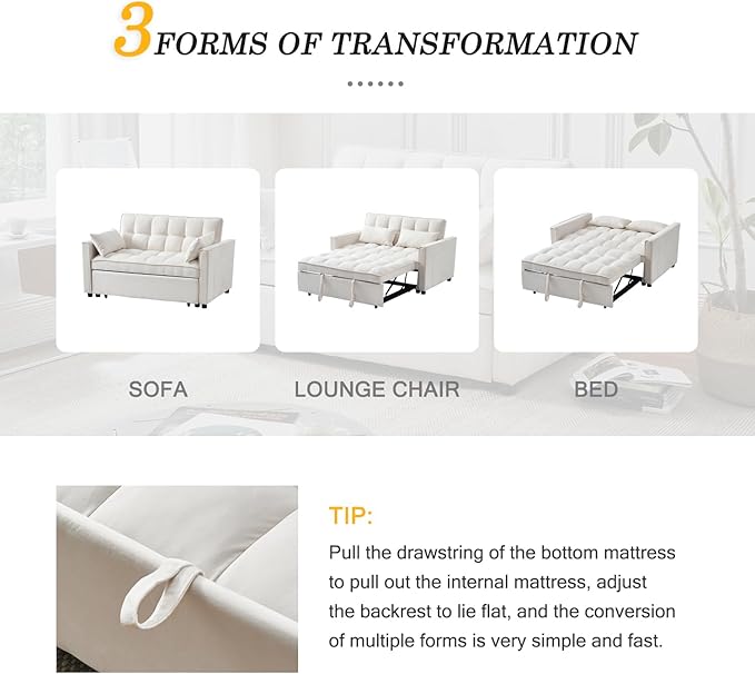 3-in-1 Convertible Sleeper Sofa Bed, Premium Velvet Pull Out Loveseat