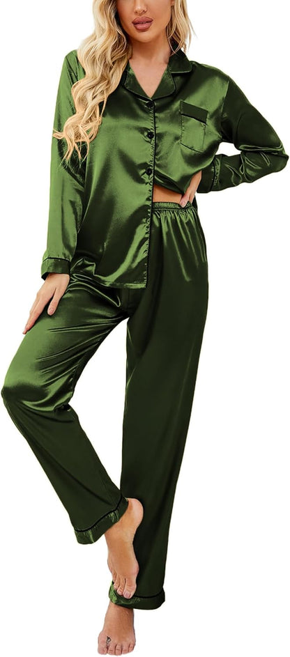 Ekouaer Women's Classic Button Down Long Satin Silk Pajama Set