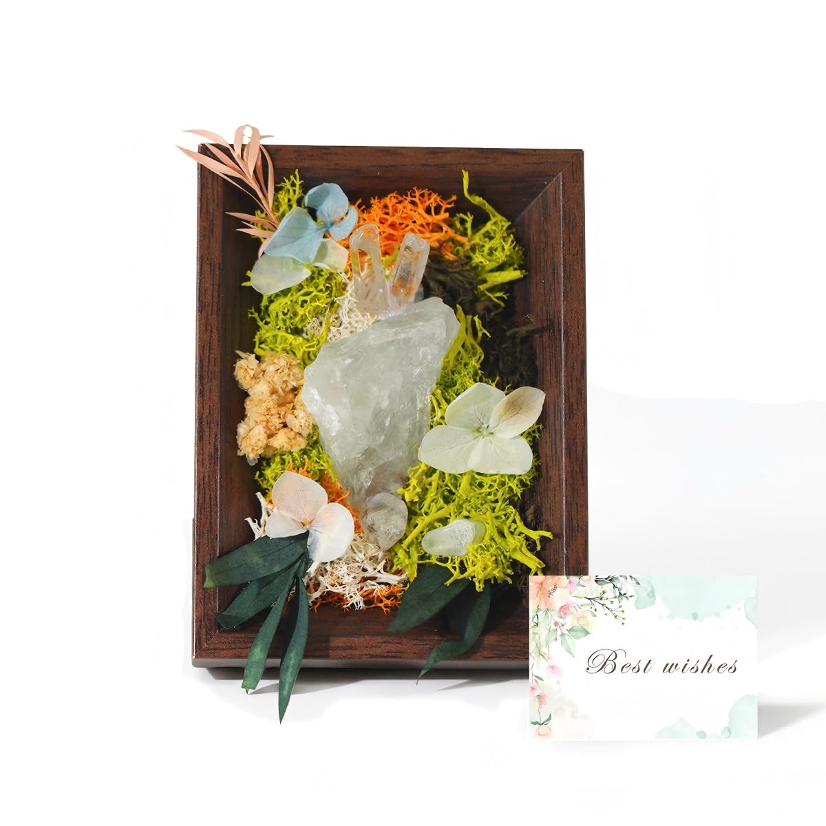 Natural Amethyst Crystal Wooden Frame Display with Preserved Flowers, Home Protection Healing Stones Decor Set, Purple Clear Pink,Housewarming Gift (White)