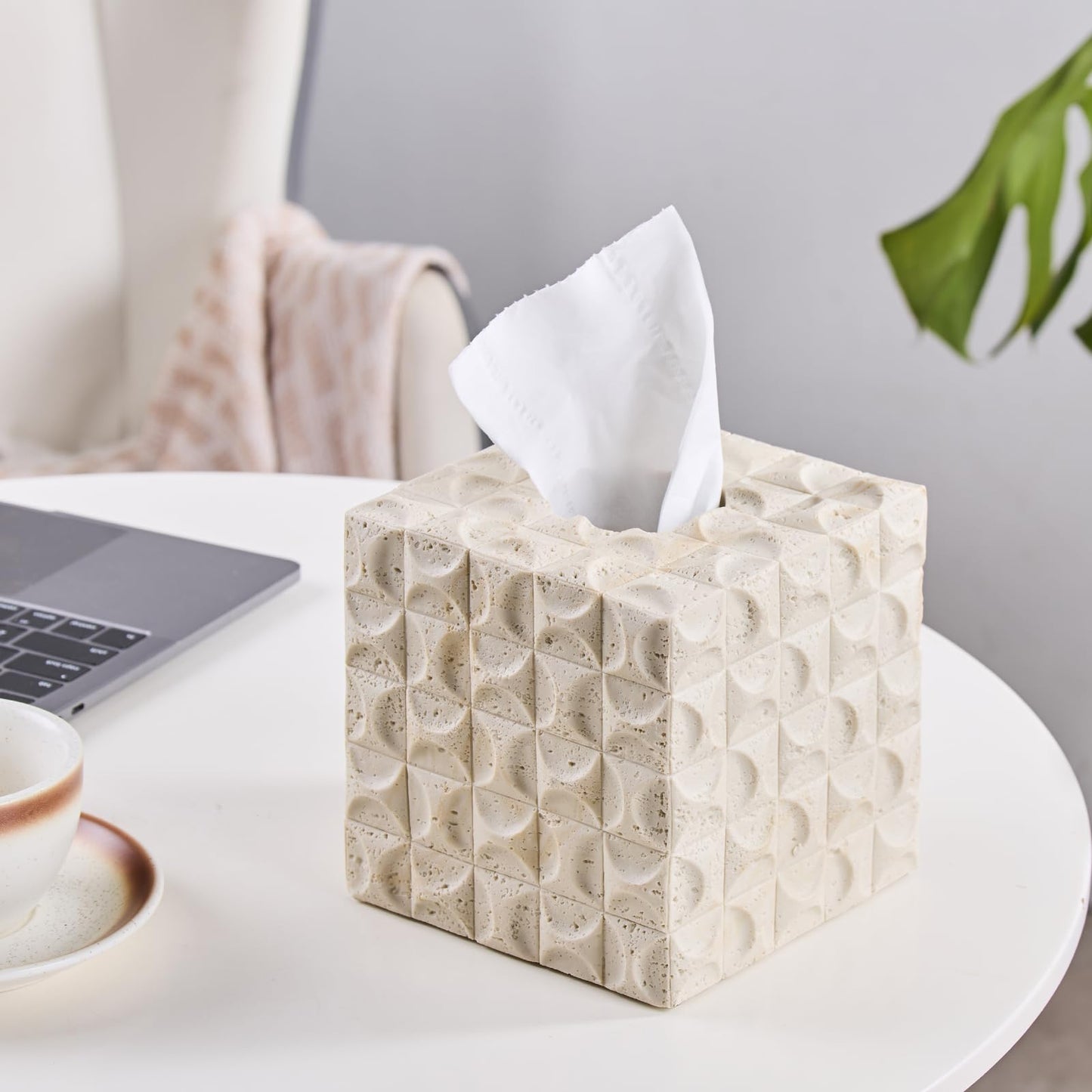 Natural Travertine Textures Tissue Box Cover Square for Home Decor, Relief Sculptured Geometric Cube Resin Heavy Tissue Box Holder for Bathroom Countertop, Tabletop, Night Stand, Office Desk (Beige)