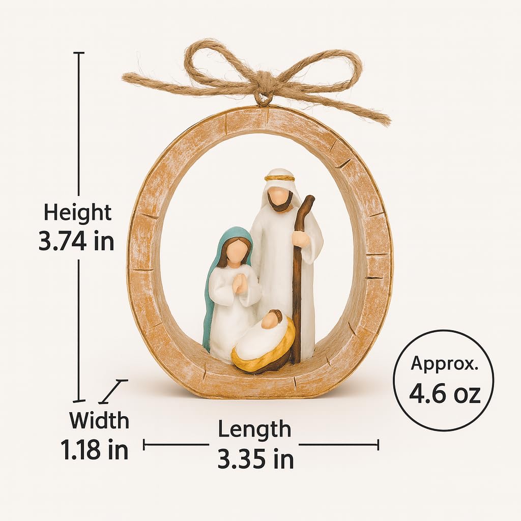 Holy Family Oval Nativity Set Hanging Christmas Ornament, Hand-Painted Resin with Jute Bow, Rustic Faux-Wood Ring, Religious Gift Xmas Tree/Wreath Décor (Nativity Scene)