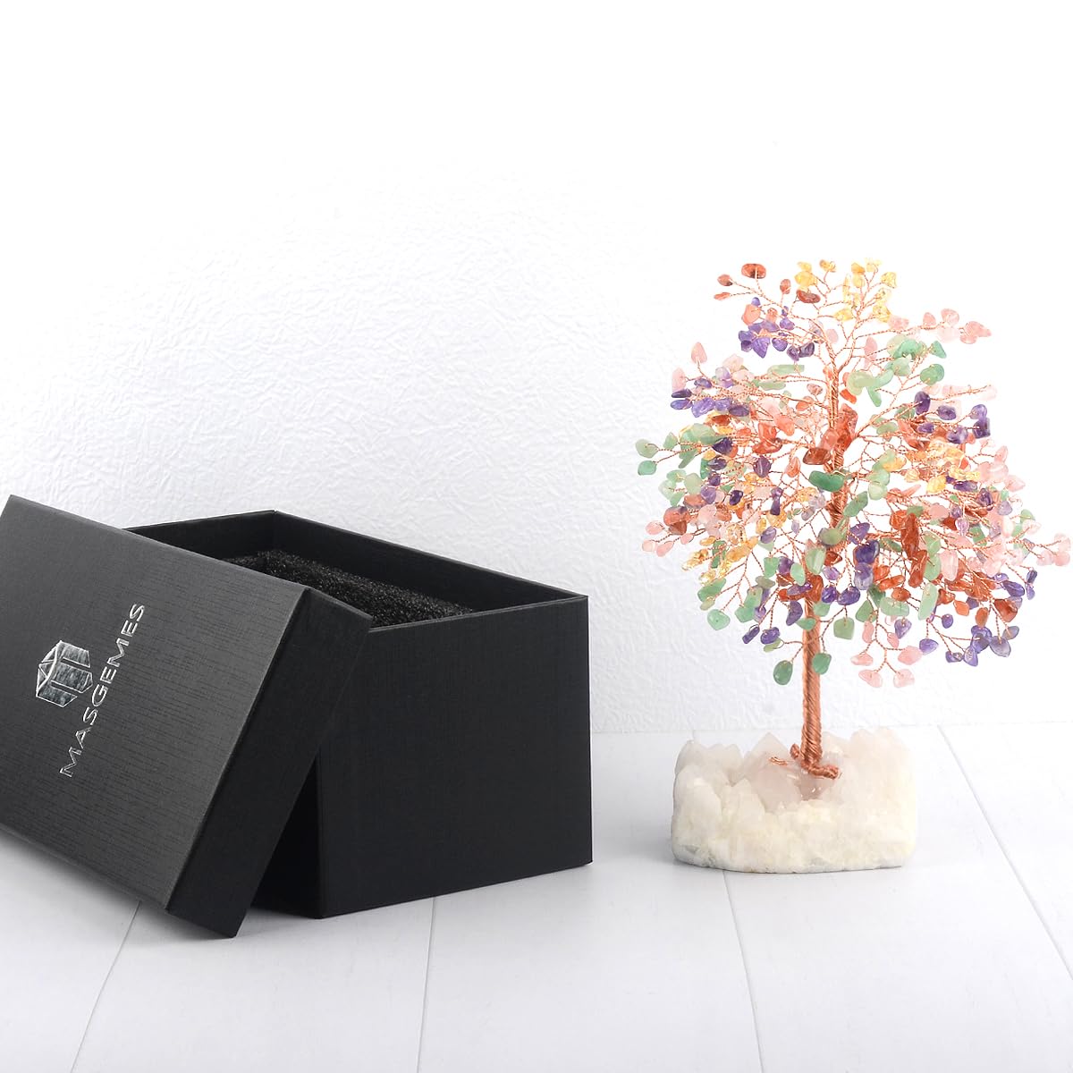 MASGEMES Chakra Crystal Tree of Life Natural Gemstone Healing Crysals(406 Stone Count) with Clear Quartz Base,Fengshui Decor Money Tree,Positive Energy Lucky Gift Height 8.5-9 Inches