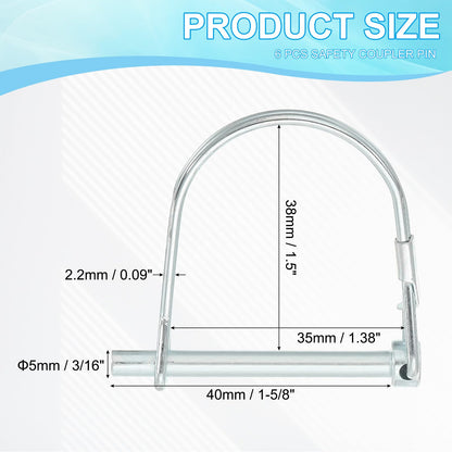 PATIKIL Trailer Coupler Pin 3/16x1-5/8x1.38"(D*L*IW), 6 Pcs Wire Lock Pin Safety Shaft Locking Pin Round Pto Pins for Farm Trailers Lawn Hitches Garden Tractor Kayak Boat (5x40x35mm)