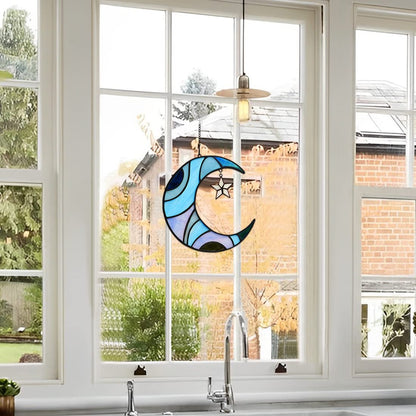 HAOSUM Stars and Moon Stained Glass Suncatcher - Window Decor Gift for Home Indoor - Crescent Moon and Star Decorations for Women