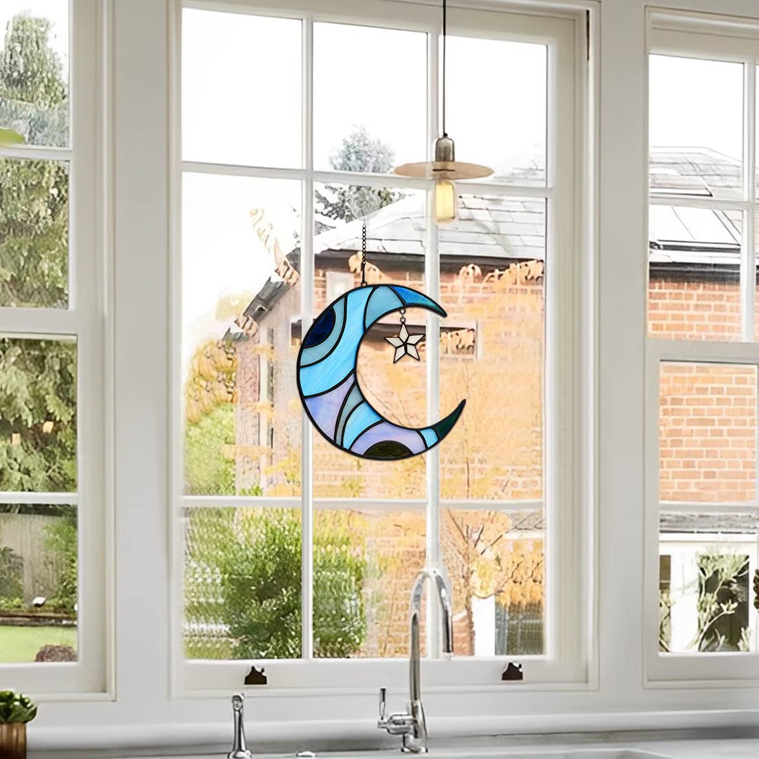 HAOSUM Stars and Moon Stained Glass Suncatcher - Window Decor Gift for Home Indoor - Crescent Moon and Star Decorations for Women