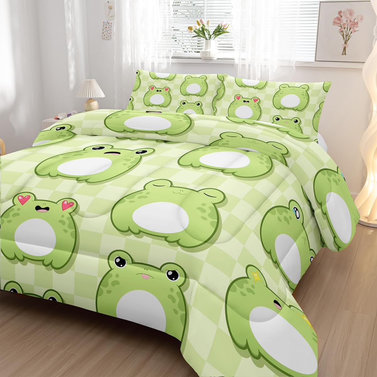 Nttopship Cartoon Frog Comforter Bedding Set with 2 Pillowcase Full Size Cute Animals Comforter Set for Kids Boys Girls Bedroom Decor