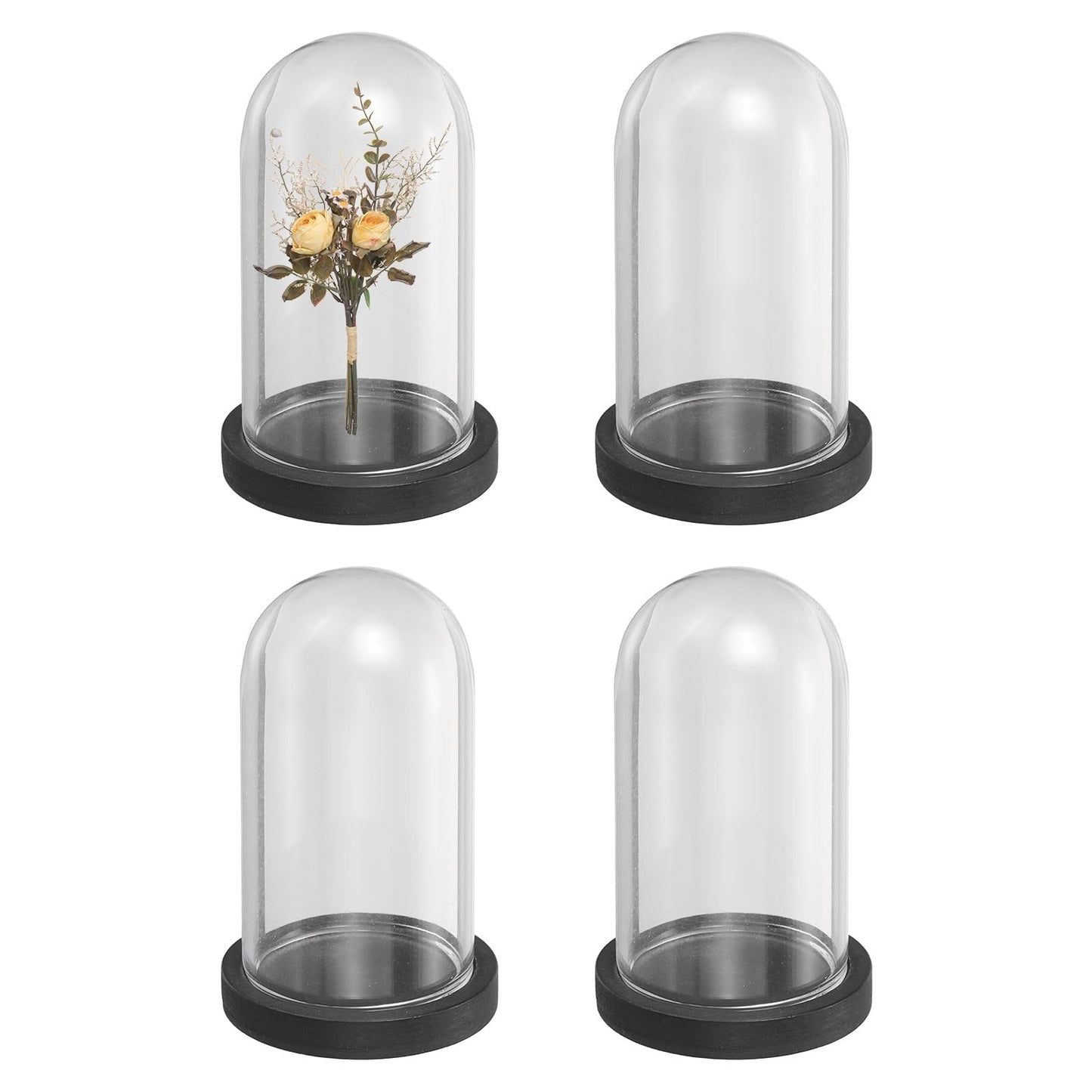 uxcell 4Pcs Glass Display Dome, 1.2" x 2.1" Clear Cloche Glass Dome Decorative Bell Jar with Wooden Base for Collectibles Display Candle Tabletop Centerpiece Plants Wedding, Black