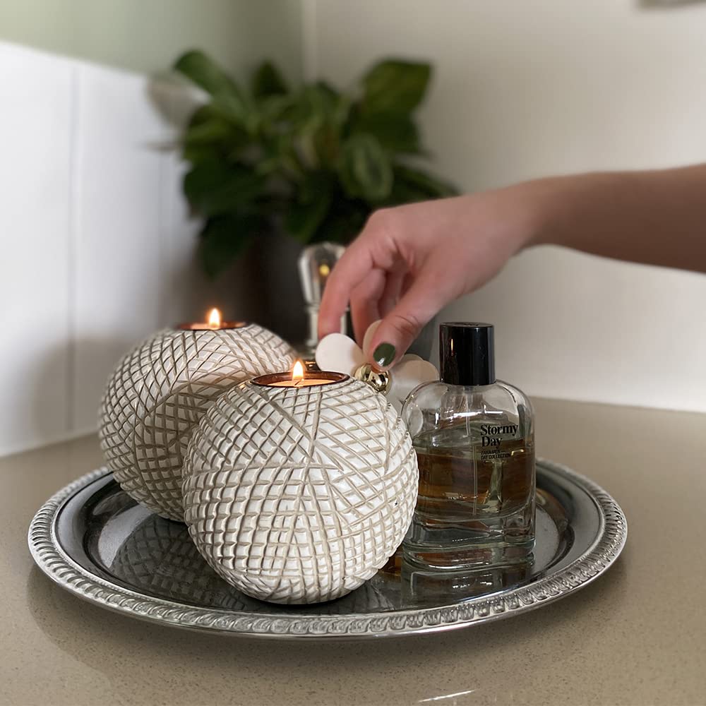 Luca Orb Tea Light Candle Holders (Gift Boxed Set of 2), Coffee Table, Console, Entryway or Fireplace Mantel Decor, Centerpiece for Dining or Living Room (Grid Pattern, Beige and White)