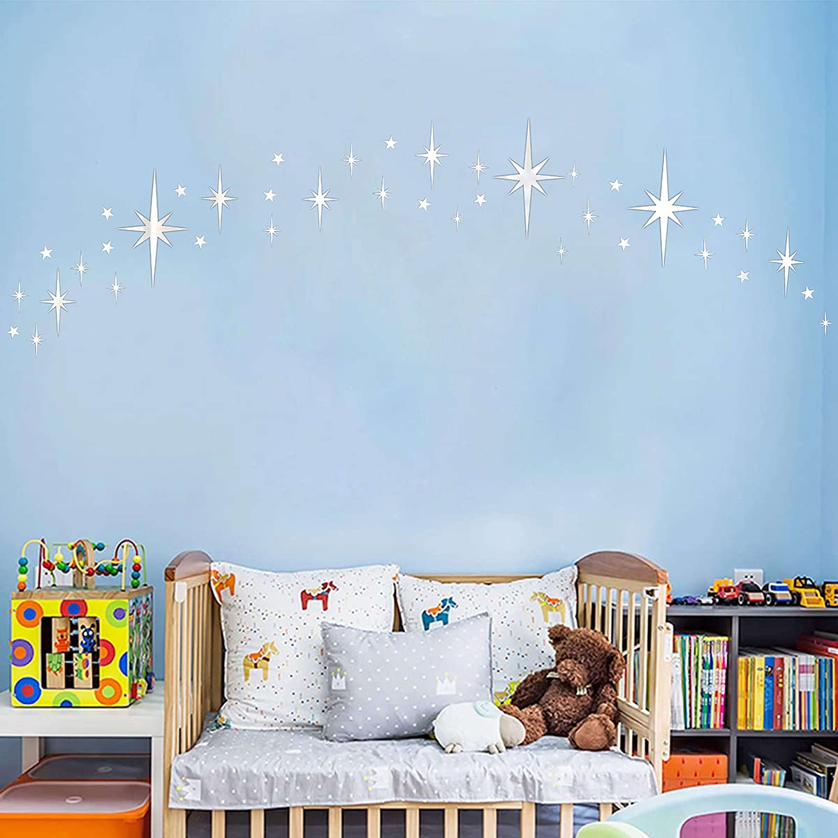 Easma Retro Starburst Mirror Wall Decals Silver 3D Acrylic Sparkle Wall Decors Star Walls Stickers Removable Stars Decals Bathroom Bedroom Living Room Home Walls Decors(123pcs)
