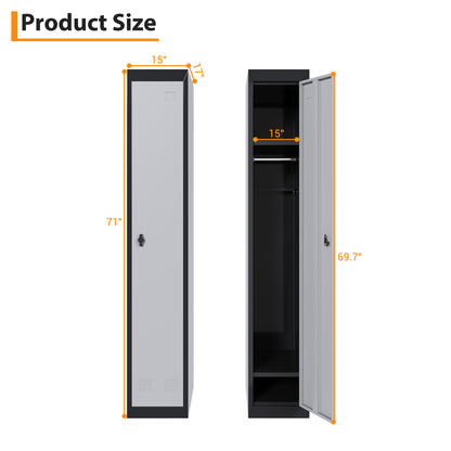 Narrow Metal Locker, 72 Inch Metals Broom Storage Cabinet with Shelves, Lockable Cabinets Doors & Keys Tall Brooms Suitable for School, Office, Home, Staff and Students Storage(Black & Grey)