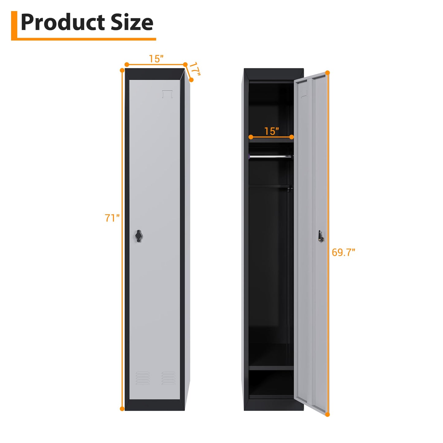 GAOMON 1 Door Tall Metal Locker with Key Employee Metal Locker, Lockable Heavy Duty Steel Employee Locker for Schools, Gyms, Homes, Offices, Utility Rooms, Grey and Black