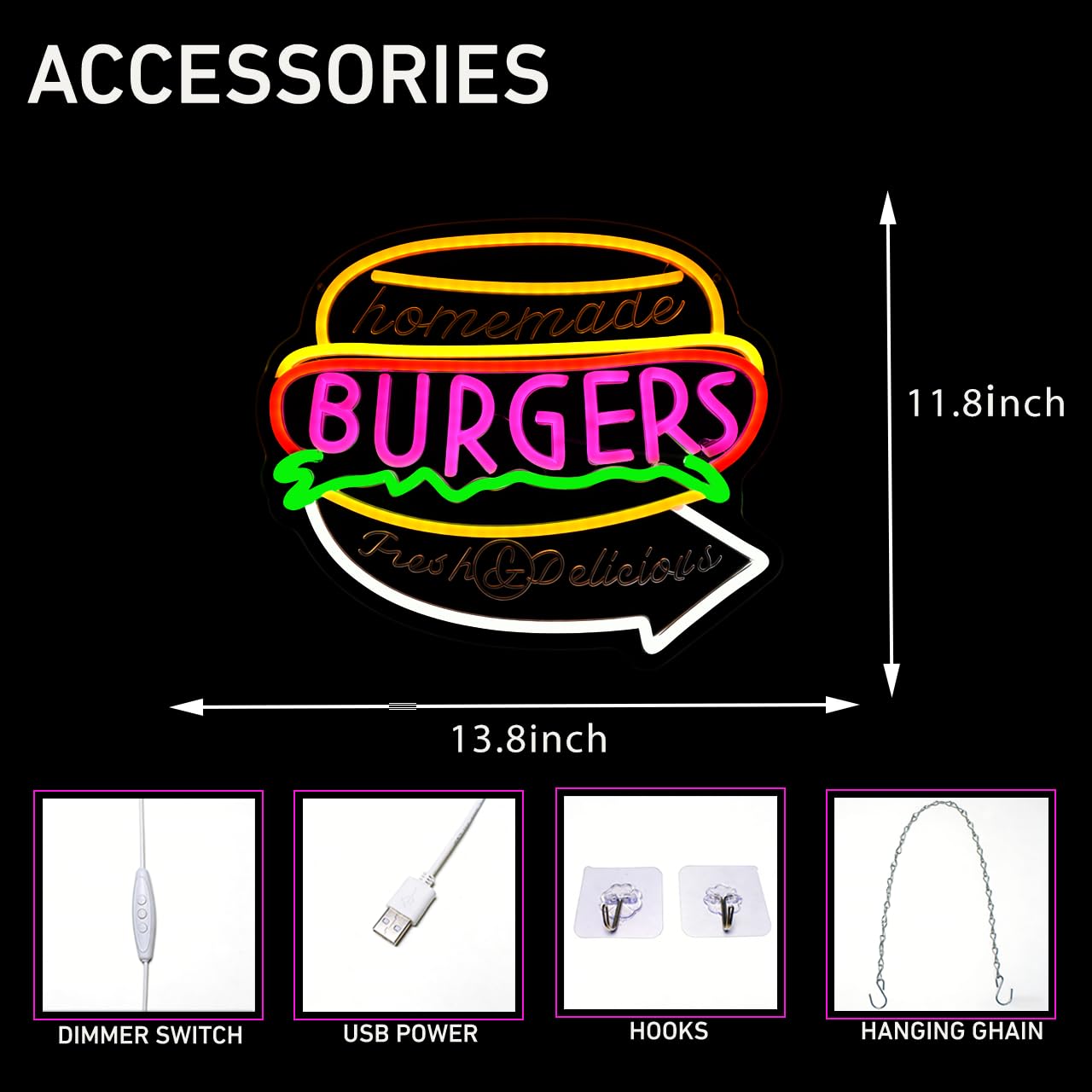 GYCLFNDDONG Burgers Neon Sign Business Hamburger Food Shop LED Neon Light for Wall Decor, USB Powered Burgers Art Signs for Kitchen Bar Restaurant Snack Food Shop Decoration