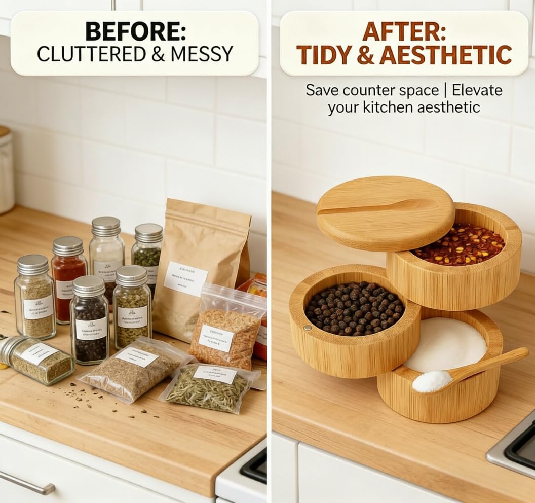 DegoCython 3-Layer Bamboo Salt Container with Magnetic Lid and Spoon, Large Capacity 10.5 Oz (Approx 287.7g) - Ideal for Celtic Sea Salt, Redmond Real & Pepper Storage