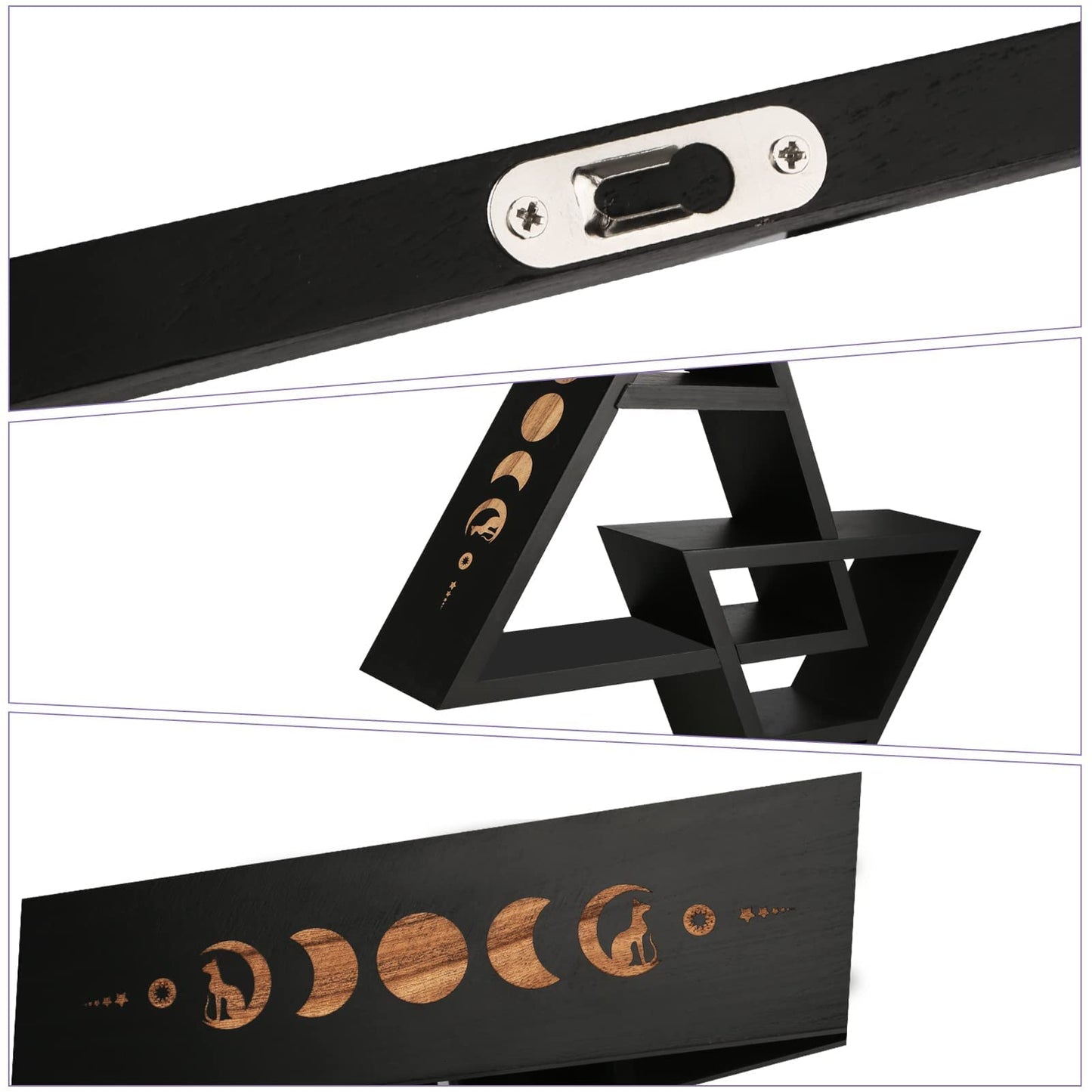 ANROYE Moon Phases Triangle Shelf with Hooks, Wiccan Black Wood Crystal Shelves for Storage Women Jewelry Gem Stone, Pagan Pyramid Geometrical Decor Holder Display for Altar Meditation
