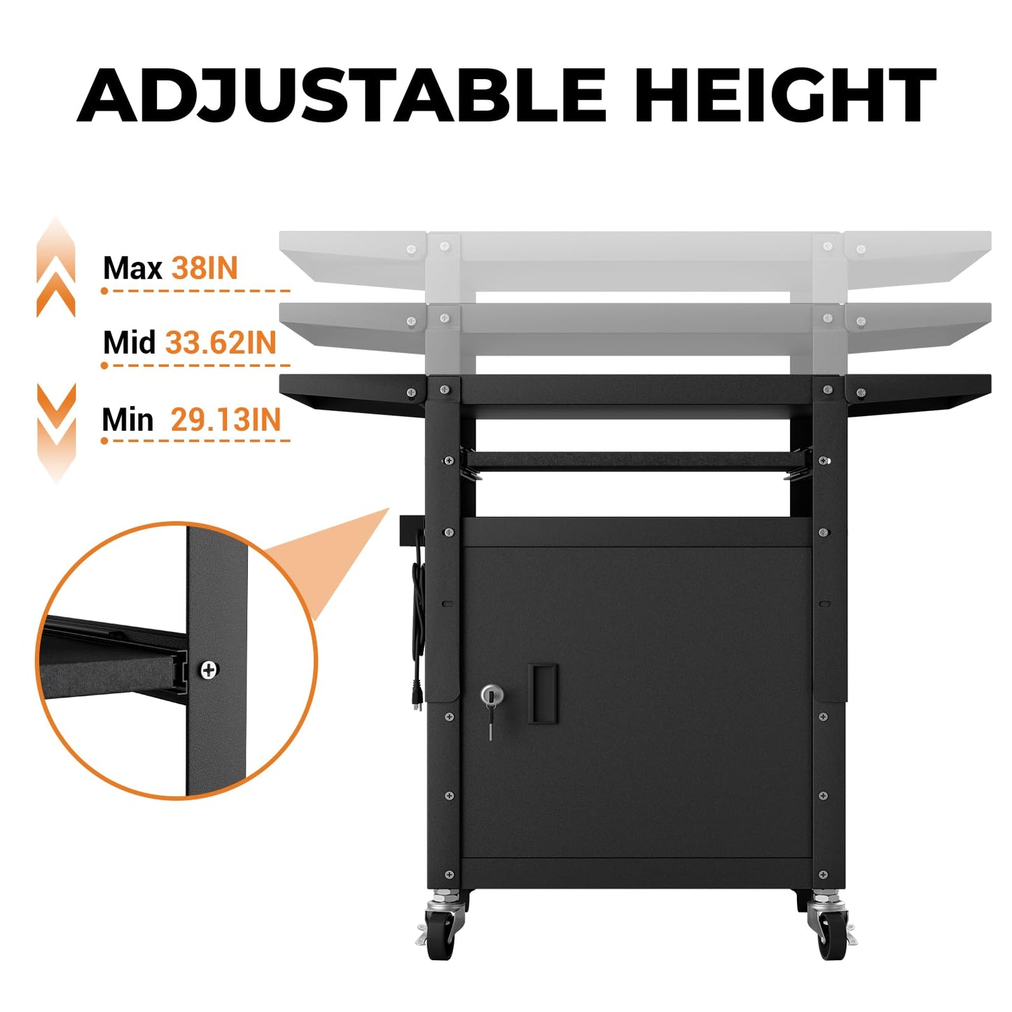Mobile AV Cart with Pullout Keyboard Tray, Rolling Computer Cart Height Adjustable Rolling Media Utility Cart with Extra Storage Space, 4 Outlets, Perfect for Home or Office Use