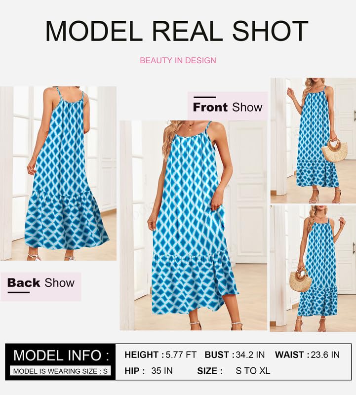 Dokotoo Women Summer Dresses 2025 Spaghetti Strap Scoop Neck Smocked Ruffle Flowy Boho Maxi Dress